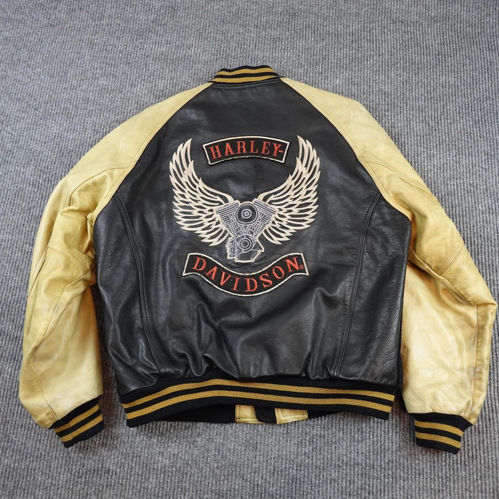 Harley Davidson Jacket Mens XL Black Leather Varsity Eagle Wings Motorcycle